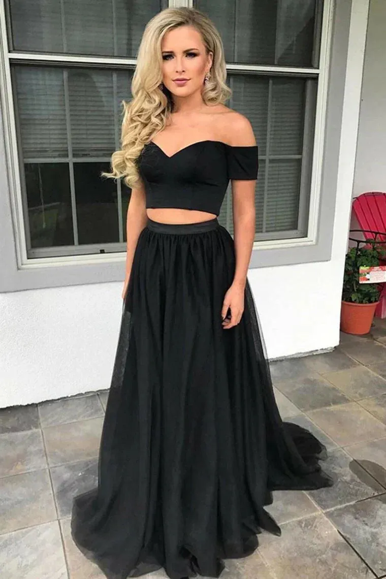 A-Line Prom Dresses Modest Off The Shoulder Two Piece Simple