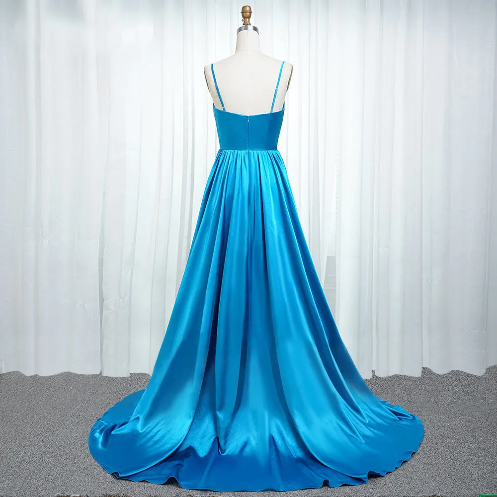A Line Spaghetti Straps Satin Prom Dresses With Slit And Flounced Sexy Evening Dresses