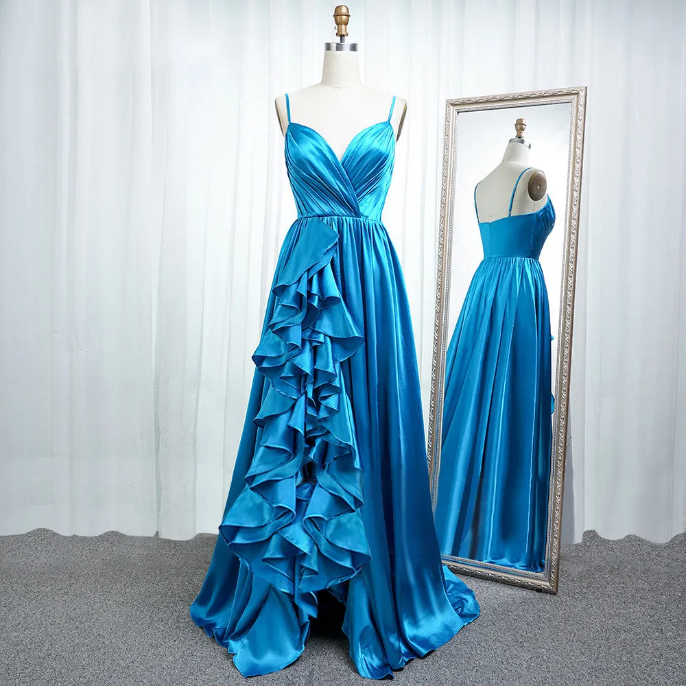 A Line Spaghetti Straps Satin Prom Dresses With Slit And Flounced Sexy Evening Dresses