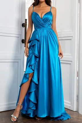 A Line Spaghetti Straps Satin Prom Dresses With Slit And Flounced Sexy Evening Dresses