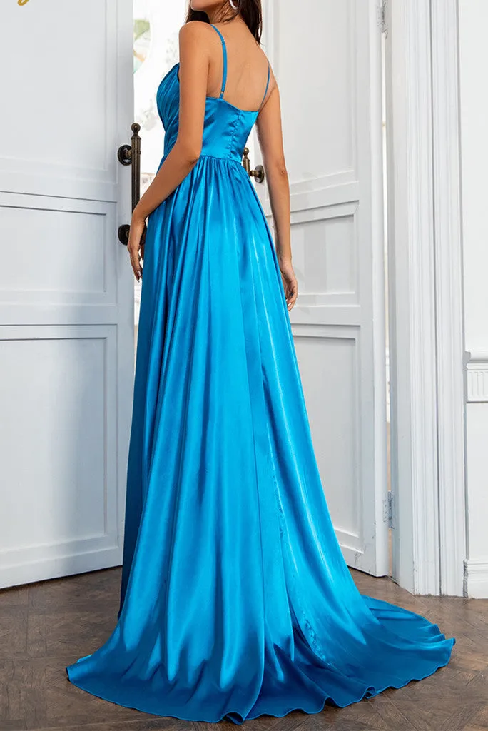 A Line Spaghetti Straps Satin Prom Dresses With Slit And Flounced Sexy Evening Dresses