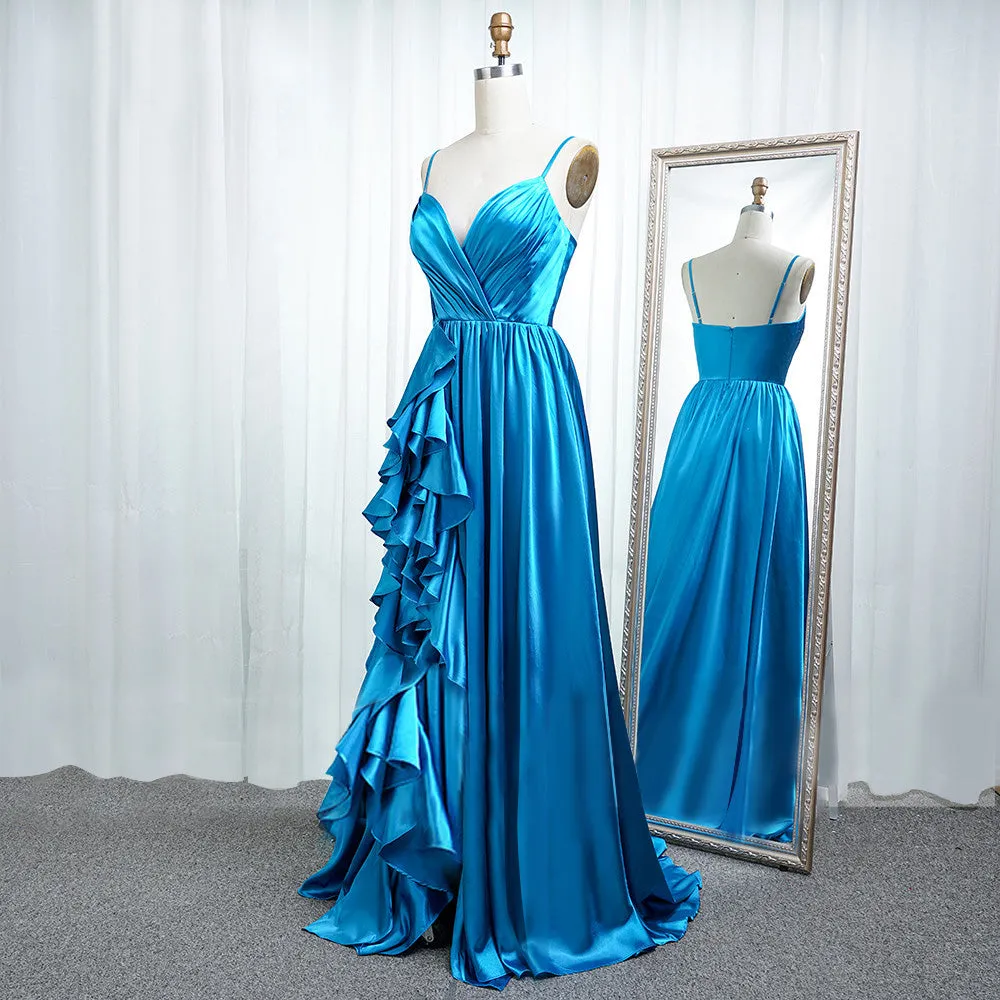 A Line Spaghetti Straps Satin Prom Dresses With Slit And Flounced Sexy Evening Dresses