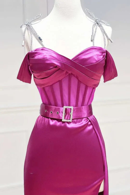 A line Spaghetti Straps Sweetheart Prom Dresses with Slit Belted Sexy Evening Dresses