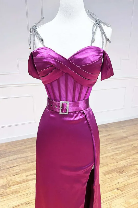 A line Spaghetti Straps Sweetheart Prom Dresses with Slit Belted Sexy Evening Dresses