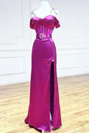 A line Spaghetti Straps Sweetheart Prom Dresses with Slit Belted Sexy Evening Dresses