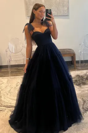 A Line Straps Prom Dress Open Back Tulle Evening Dresses Floor Length Black Sexy