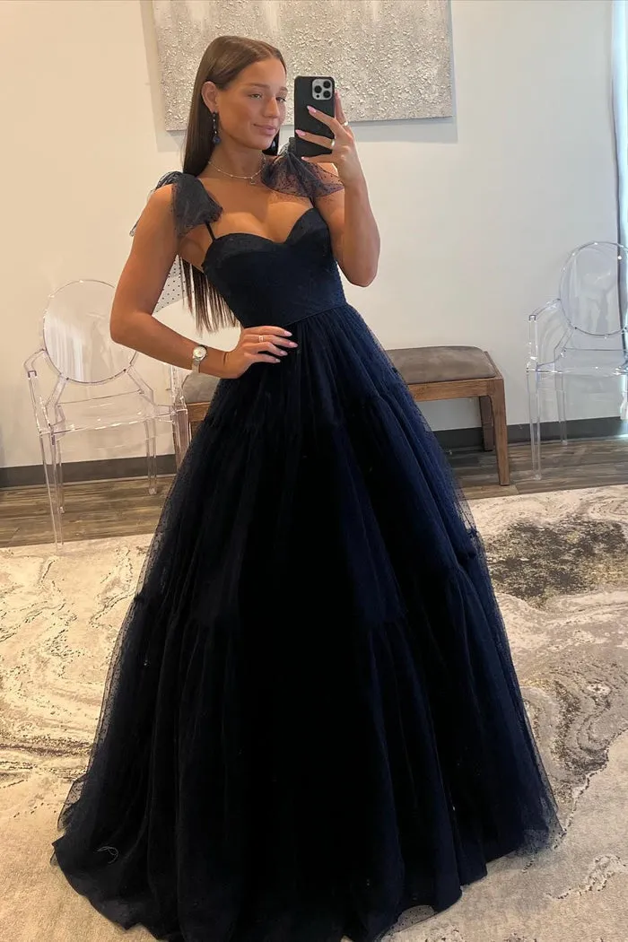 A Line Straps Prom Dress Open Back Tulle Evening Dresses Floor Length Black Sexy