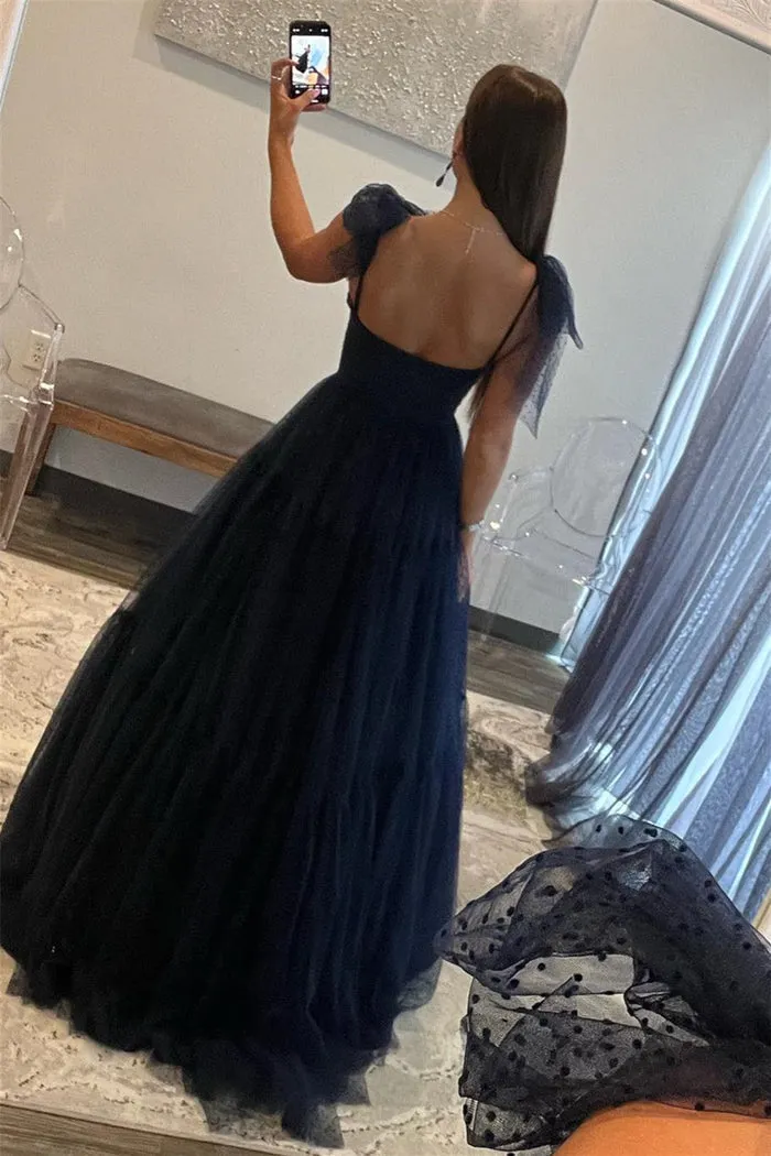 A Line Straps Prom Dress Open Back Tulle Evening Dresses Floor Length Black Sexy
