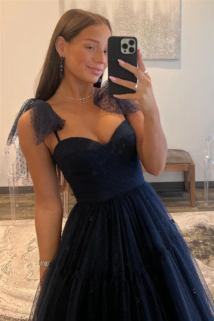 A Line Straps Prom Dress Open Back Tulle Evening Dresses Floor Length Black Sexy