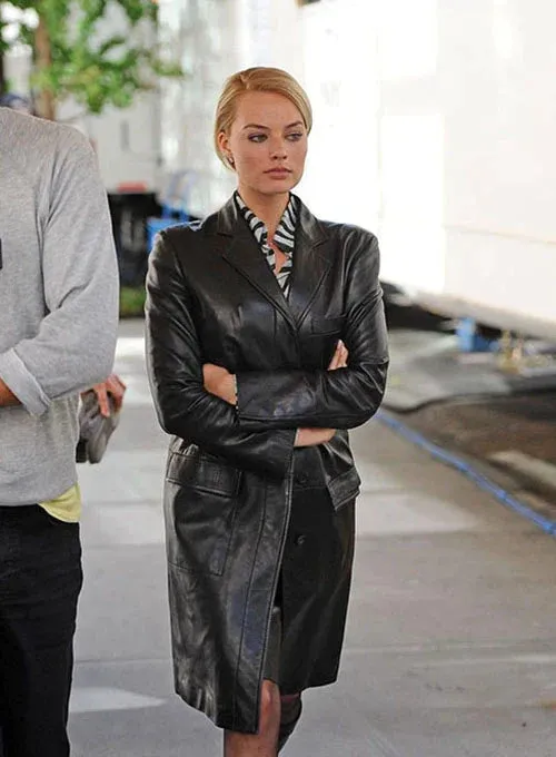 Black Long Leather Coat Worn By Margot Robbie