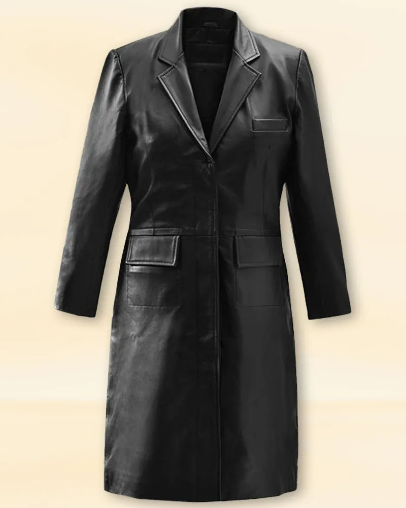 Black Long Leather Coat Worn By Margot Robbie