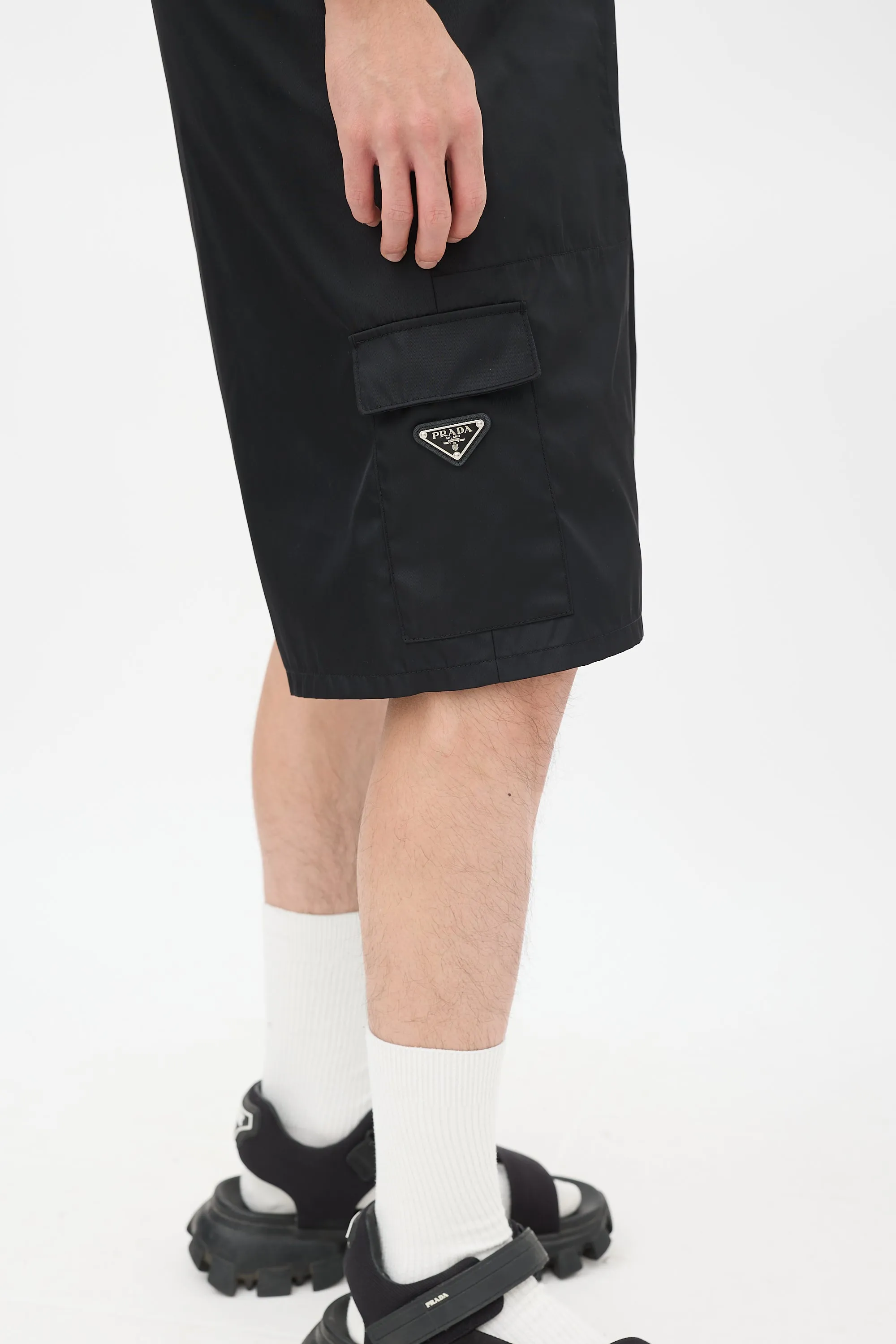 Black Nylon Cargo Mid Length Shorts