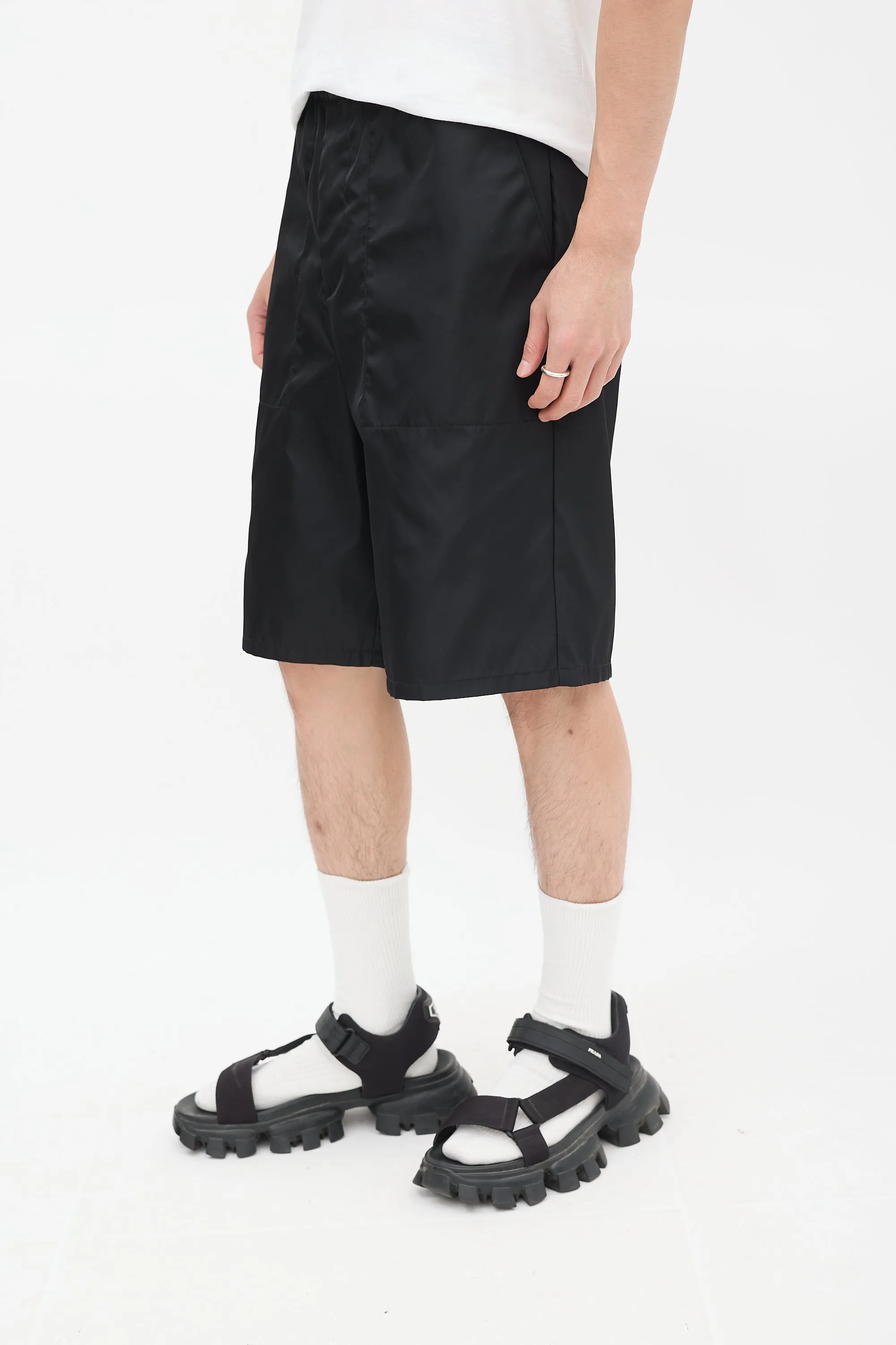 Black Nylon Cargo Mid Length Shorts