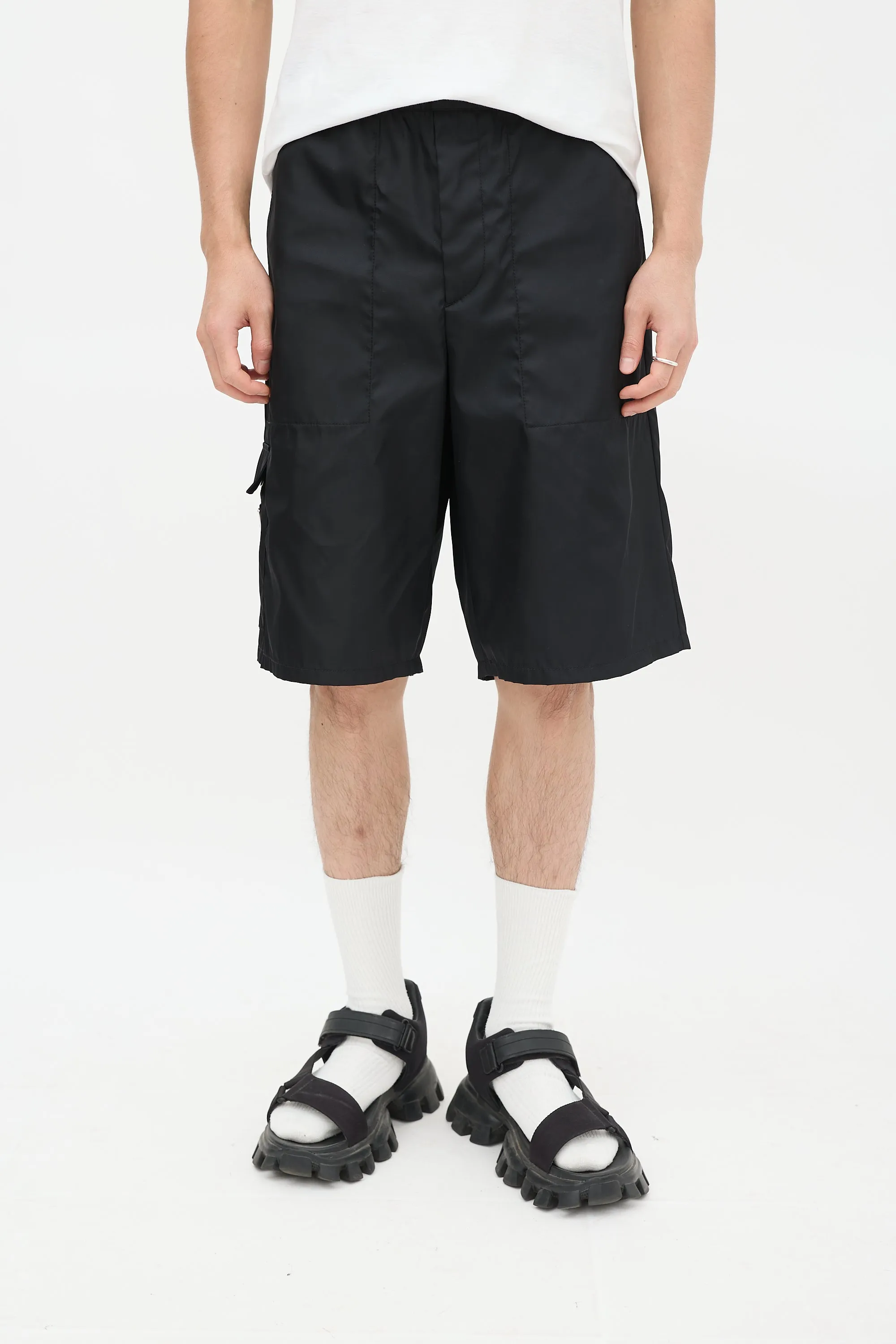Black Nylon Cargo Mid Length Shorts