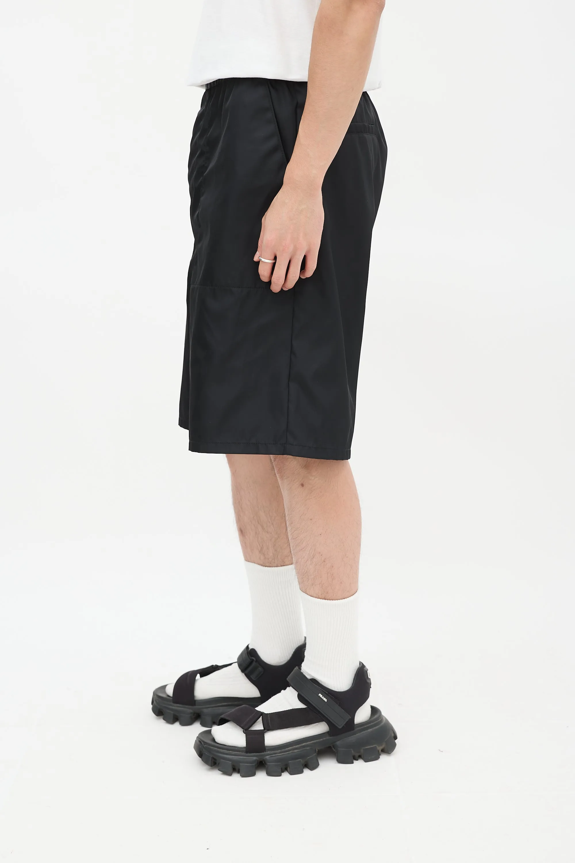 Black Nylon Cargo Mid Length Shorts