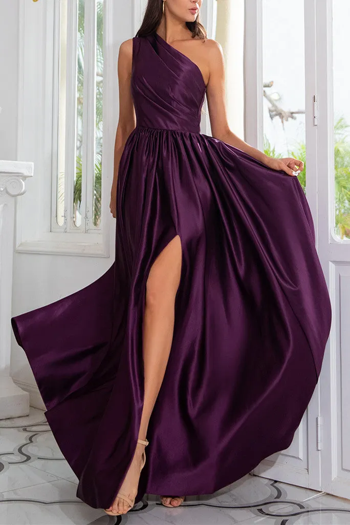 Charming A-Line Satin One Shoulder Purple Prom Dresses With Side Split Sexy Evening Dresses