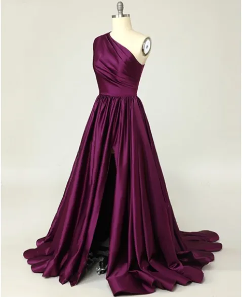 Charming A-Line Satin One Shoulder Purple Prom Dresses With Side Split Sexy Evening Dresses