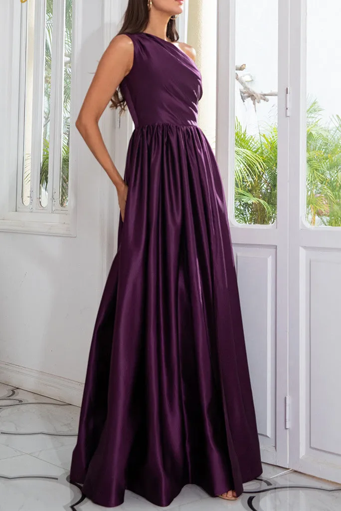 Charming A-Line Satin One Shoulder Purple Prom Dresses With Side Split Sexy Evening Dresses