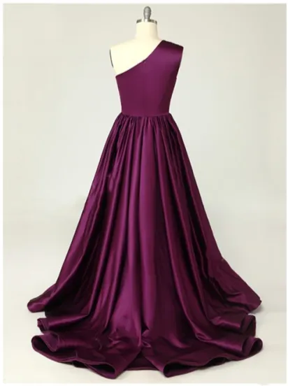 Charming A-Line Satin One Shoulder Purple Prom Dresses With Side Split Sexy Evening Dresses