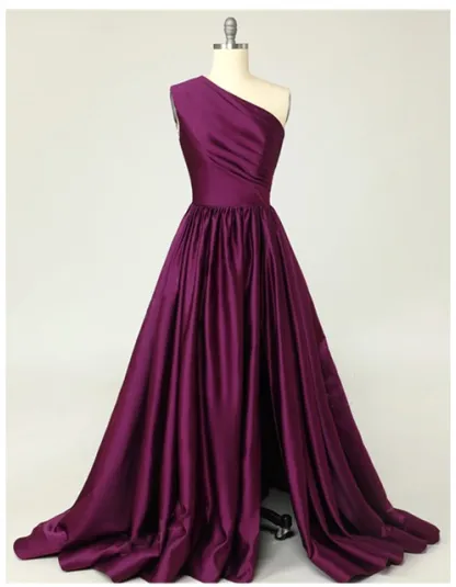 Charming A-Line Satin One Shoulder Purple Prom Dresses With Side Split Sexy Evening Dresses