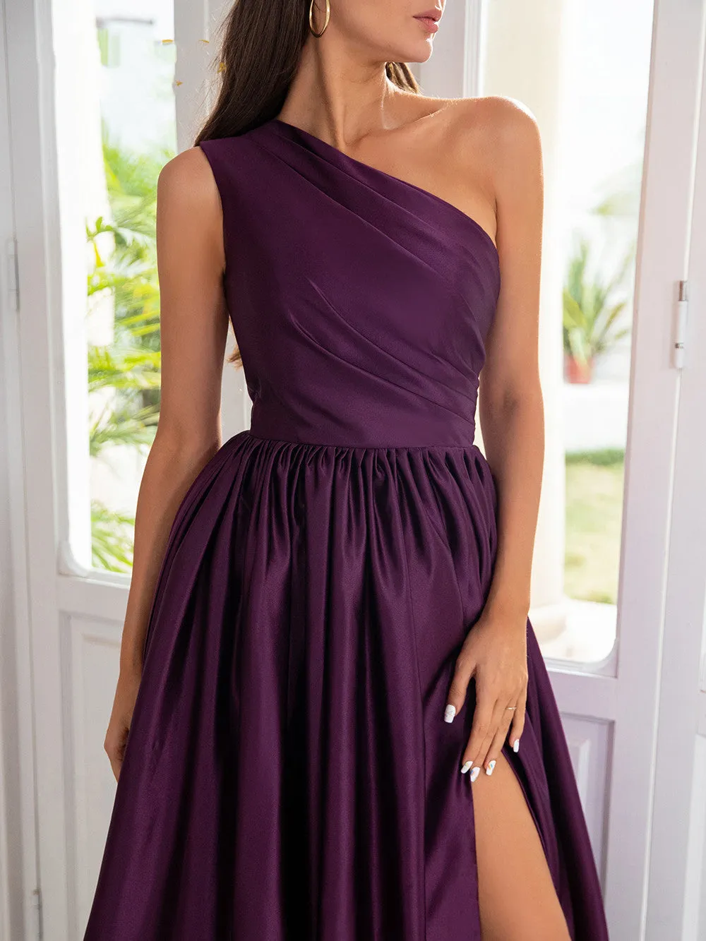 Charming A-Line Satin One Shoulder Purple Prom Dresses With Side Split Sexy Evening Dresses