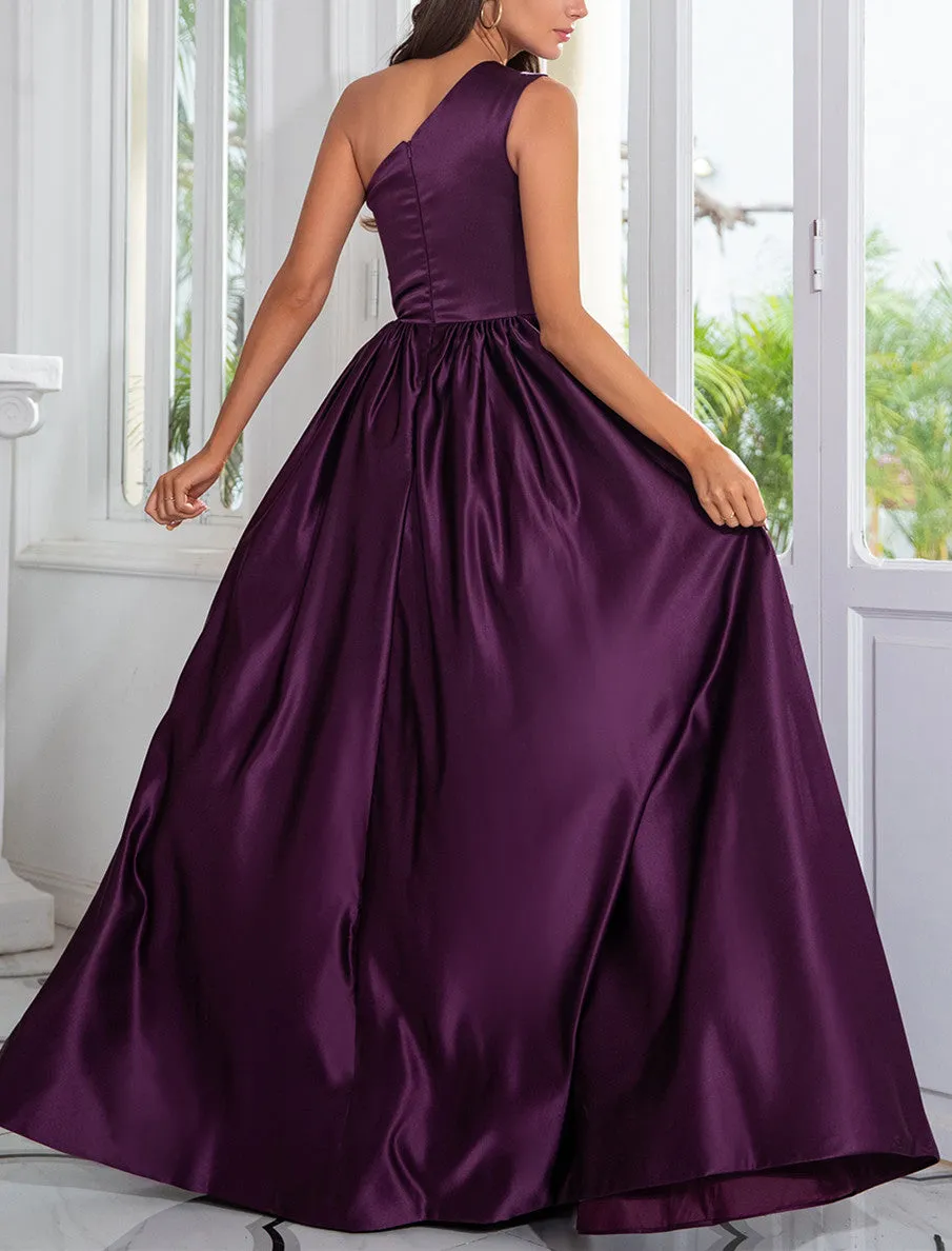 Charming A-Line Satin One Shoulder Purple Prom Dresses With Side Split Sexy Evening Dresses