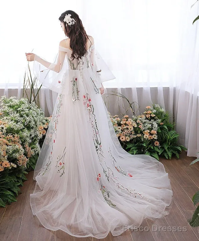 Charming White Tulle With Lace Off Shoulder Wedding Party Dresses, White Formal Dresses