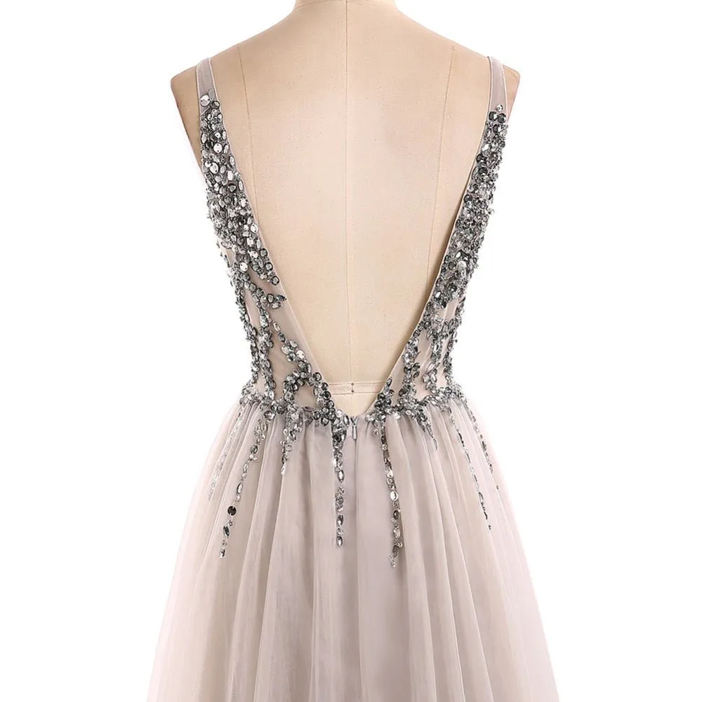 Deep V-Neck Long Beading Tulle A-Line Gray Prom Dresses Straps Long Formal Dress Sexy Evening Dresses