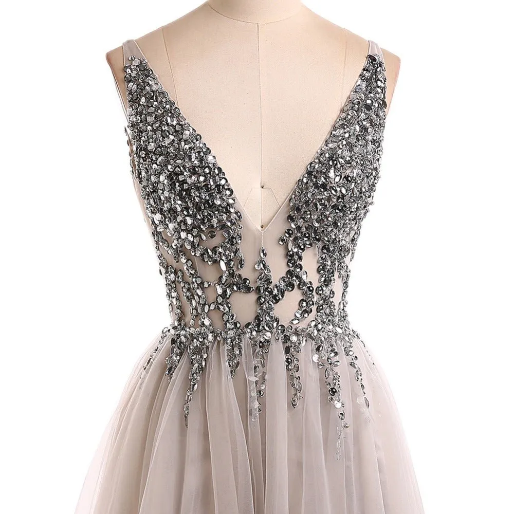 Deep V-Neck Long Beading Tulle A-Line Gray Prom Dresses Straps Long Formal Dress Sexy Evening Dresses