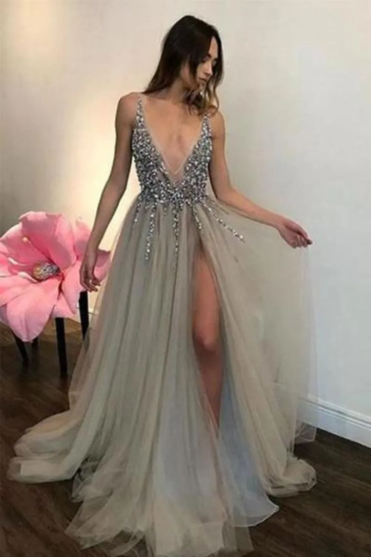 Deep V-Neck Long Beading Tulle A-Line Gray Prom Dresses Straps Long Formal Dress Sexy Evening Dresses