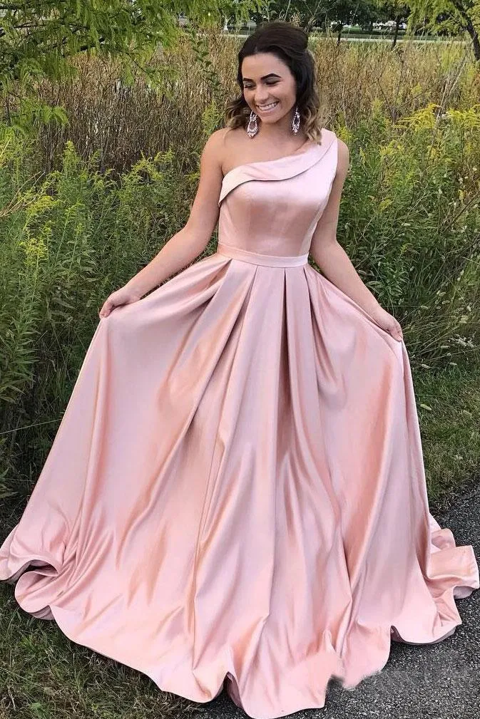 Elegant Prom Dresses A Line One Shoulder Long Prom Dresses with Pockets