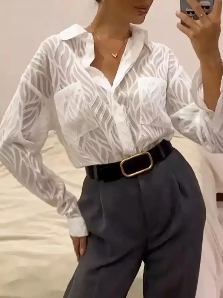 Fashion Office Style Women Blouse Thin Lapel Spring Long Sleeve White Shirt