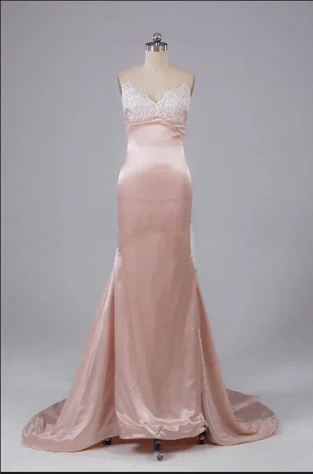 Formal Wear Dresses Pearl Pink Open Back Sweep Train Prom Dress with Lace Appliques Prom Dresses Shops Formal Women's Dresses