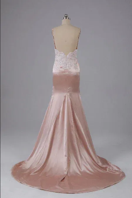 Formal Wear Dresses Pearl Pink Open Back Sweep Train Prom Dress with Lace Appliques Prom Dresses Shops Formal Women's Dresses