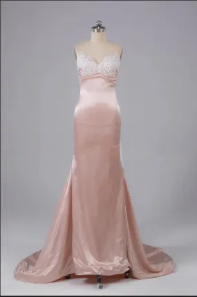 Formal Wear Dresses Pearl Pink Open Back Sweep Train Prom Dress with Lace Appliques Prom Dresses Shops Formal Women's Dresses