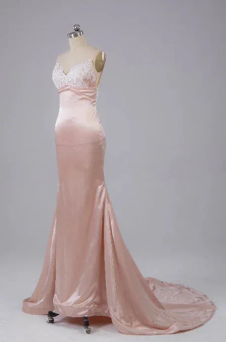 Formal Wear Dresses Pearl Pink Open Back Sweep Train Prom Dress with Lace Appliques Prom Dresses Shops Formal Women's Dresses