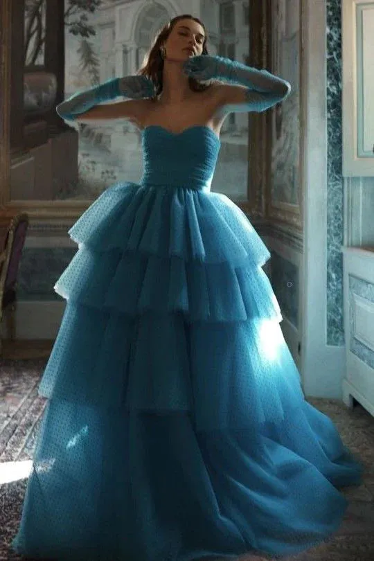 Formal Women's Dresses Blue Dots Layers Prom Dresses with Ruching Strapless Long Party Dress Prom Dresses Stores