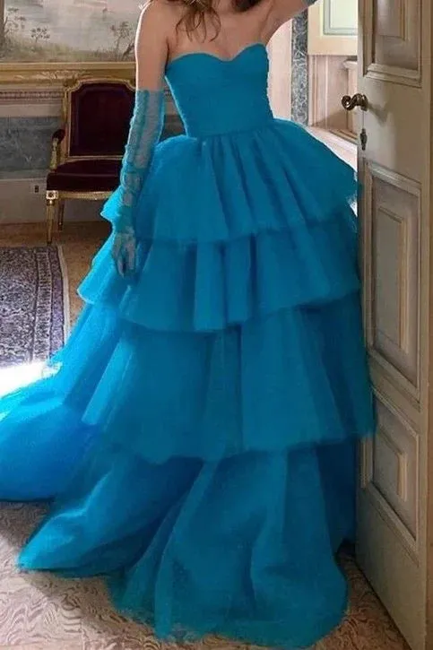Formal Women's Dresses Blue Dots Layers Prom Dresses with Ruching Strapless Long Party Dress Prom Dresses Stores
