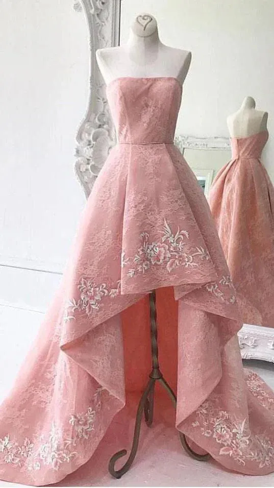 Formal Women's Dresses High Low Appliqued Prom Dresses Strapless Asymmetrical Lace Long Prom Dress Prom Clothing