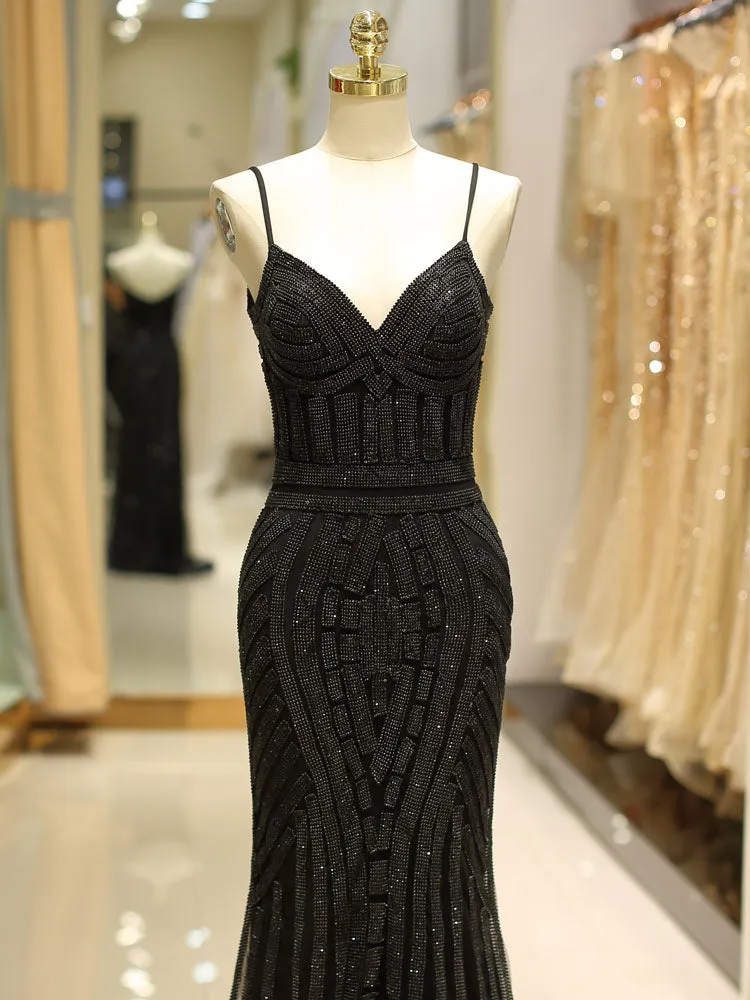 Gorgeous Black Evening Dresses Mermaid Luxury Heavy Beaded Straps Long Formal Evening Dress