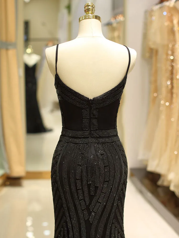 Gorgeous Black Evening Dresses Mermaid Luxury Heavy Beaded Straps Long Formal Evening Dress