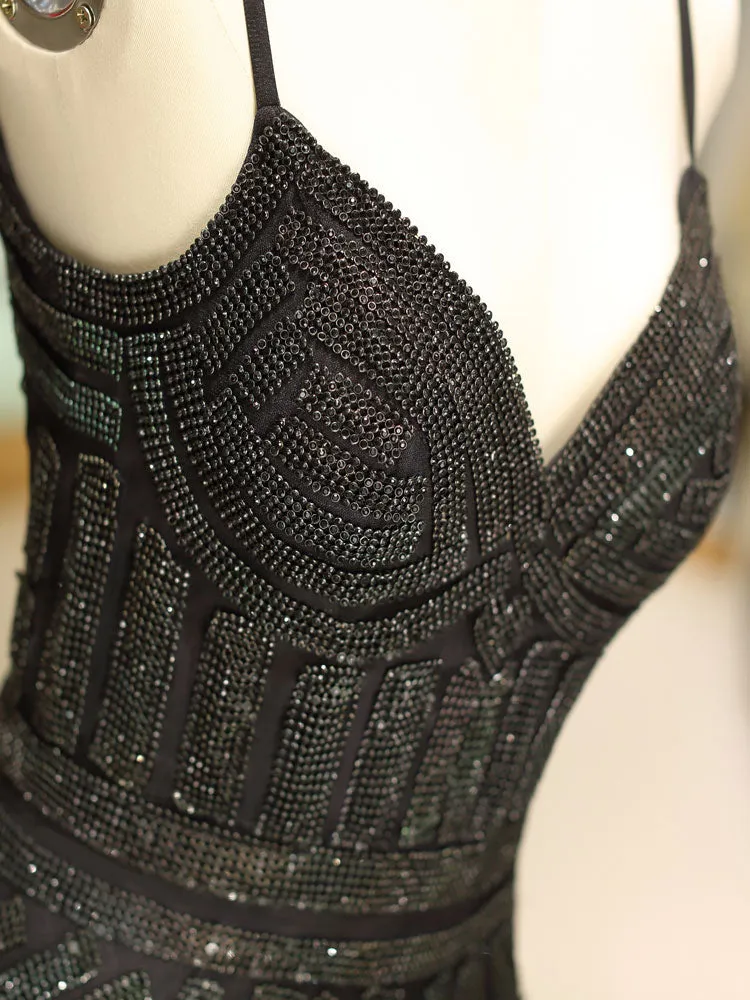 Gorgeous Black Evening Dresses Mermaid Luxury Heavy Beaded Straps Long Formal Evening Dress
