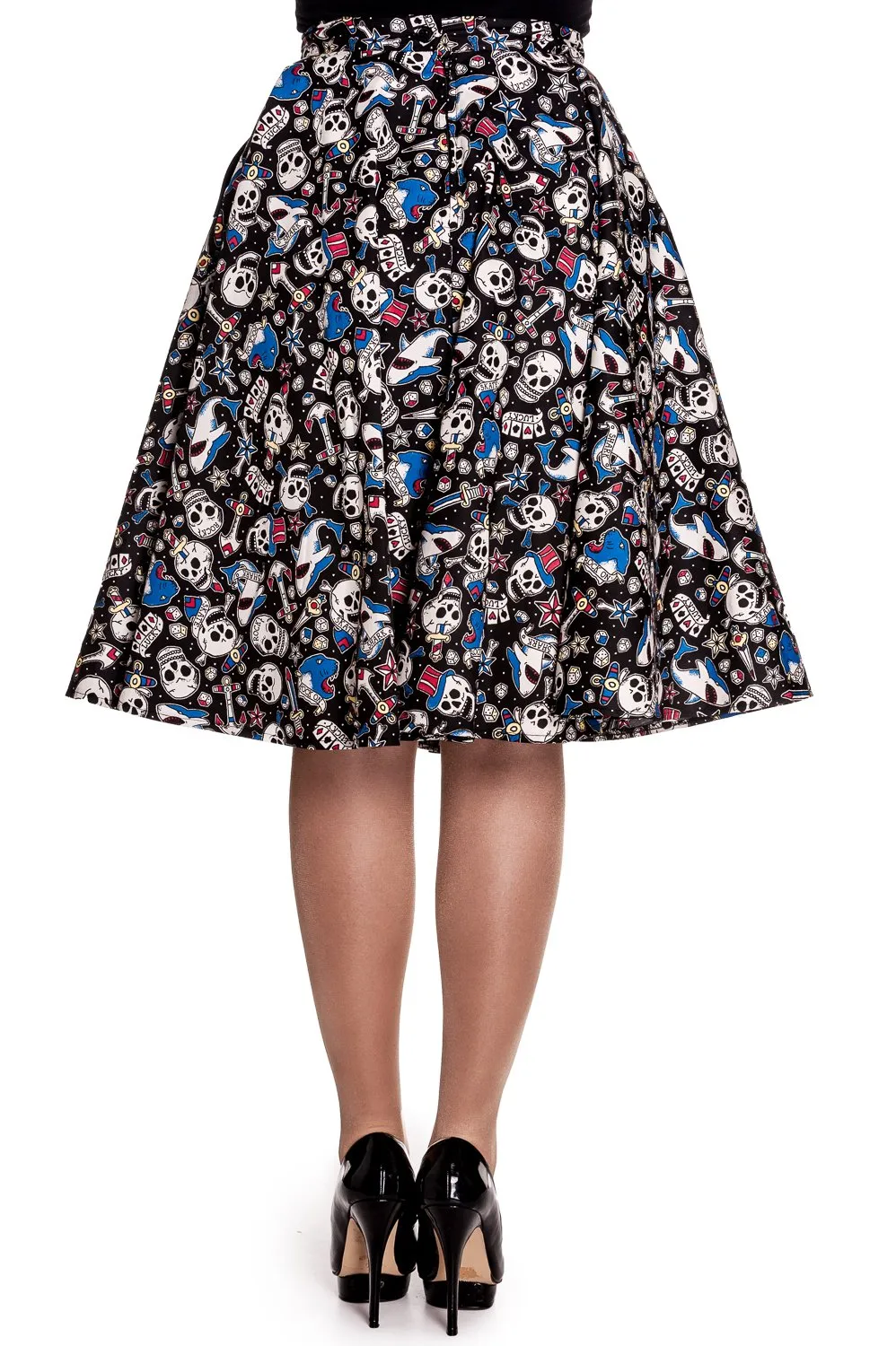 Hell Bunny Nautical Rockabilly Skull Shark & Anchor Rock on Swing Skirt