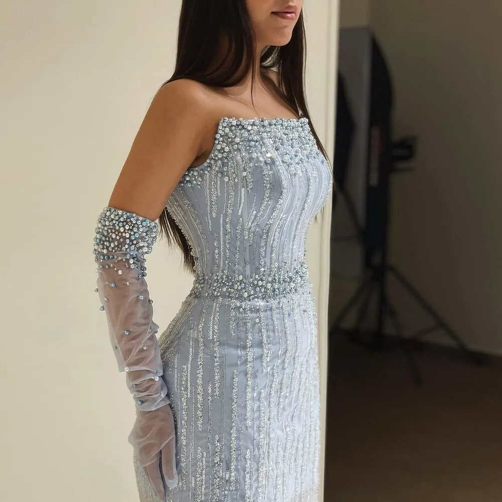 Luxury Pearls Blue Strapless Evening Dress with Gloves SS395