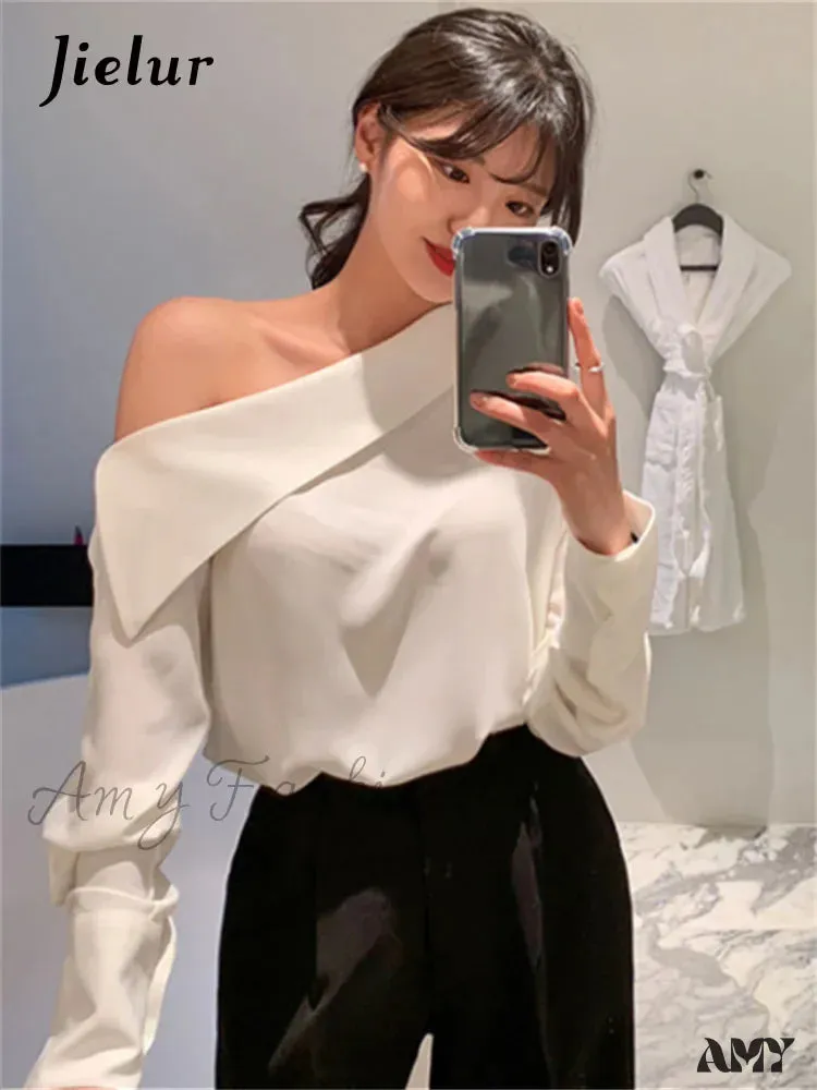 Office Korean Style Black One Shoulder Sexy Blouse
