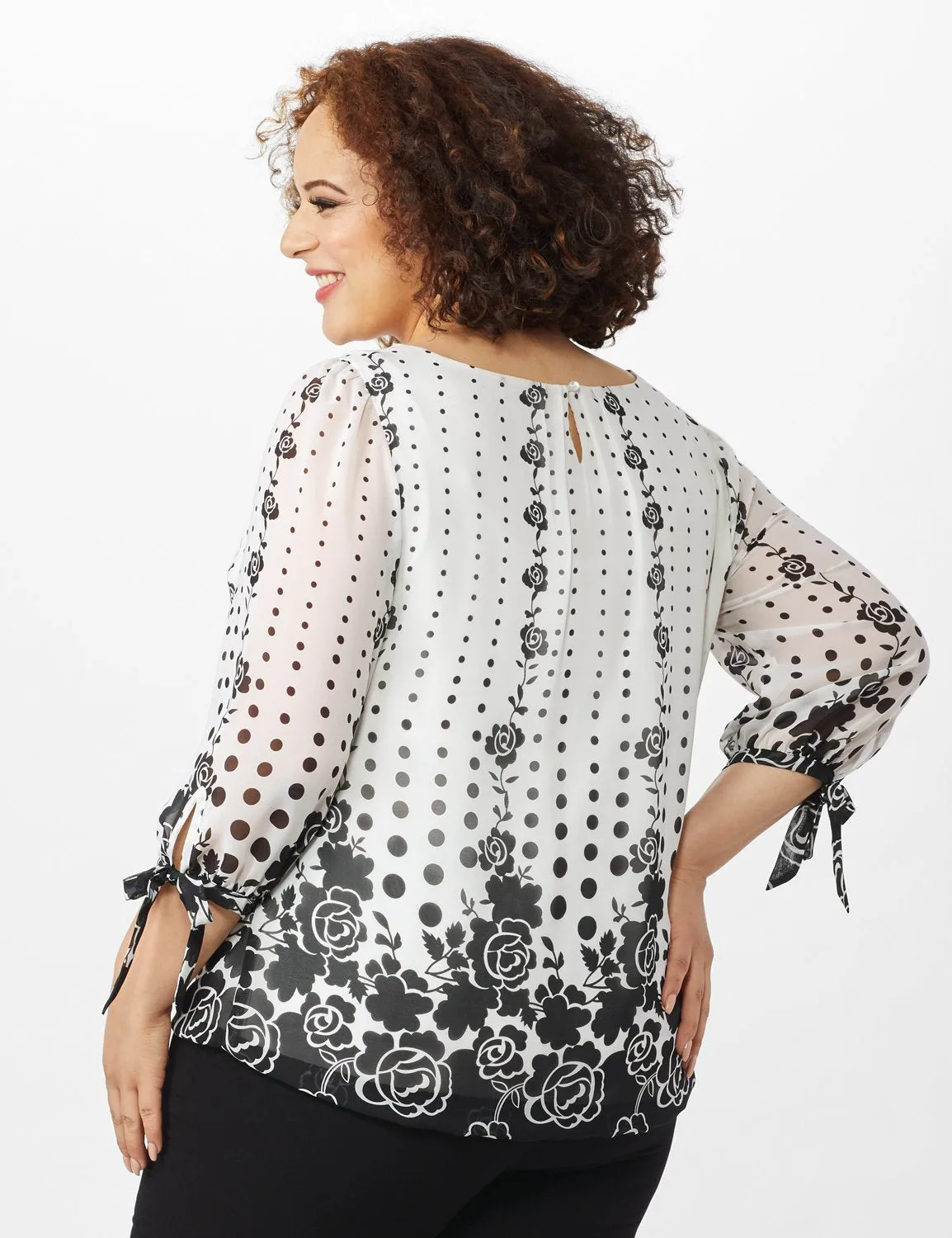 Placed Floral Tie Sleeve Bubble Hem Blouse