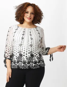 Placed Floral Tie Sleeve Bubble Hem Blouse