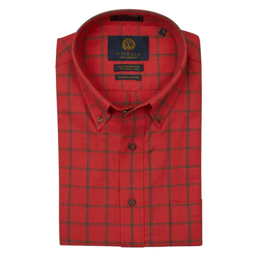 Red and Sage Green Plaid Cotton and Wool Blend Button-Down Shirt (TAILORED FIT) by Viyella