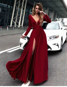 Sexy Red Prom Dress V-neck Long Sleeves Prom Dresses Chiffon Evening Dress Formal Dress