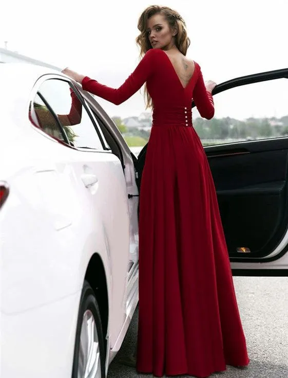 Sexy Red Prom Dress V-neck Long Sleeves Prom Dresses Chiffon Evening Dress Formal Dress